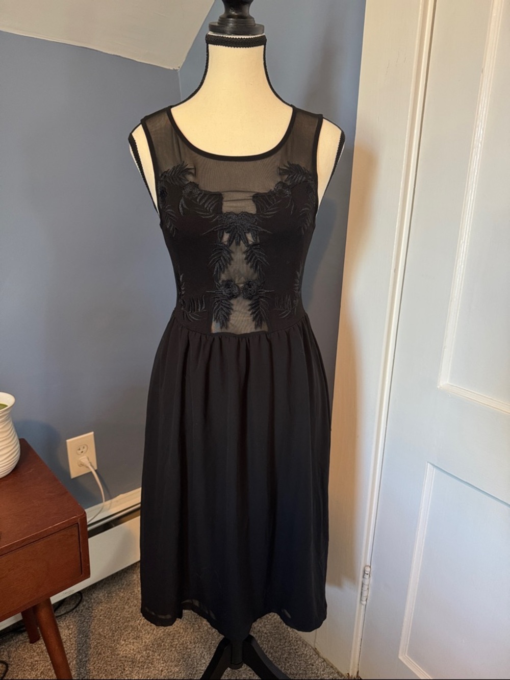 Divided Black Midi Dress with Embroidered Mesh Bodice